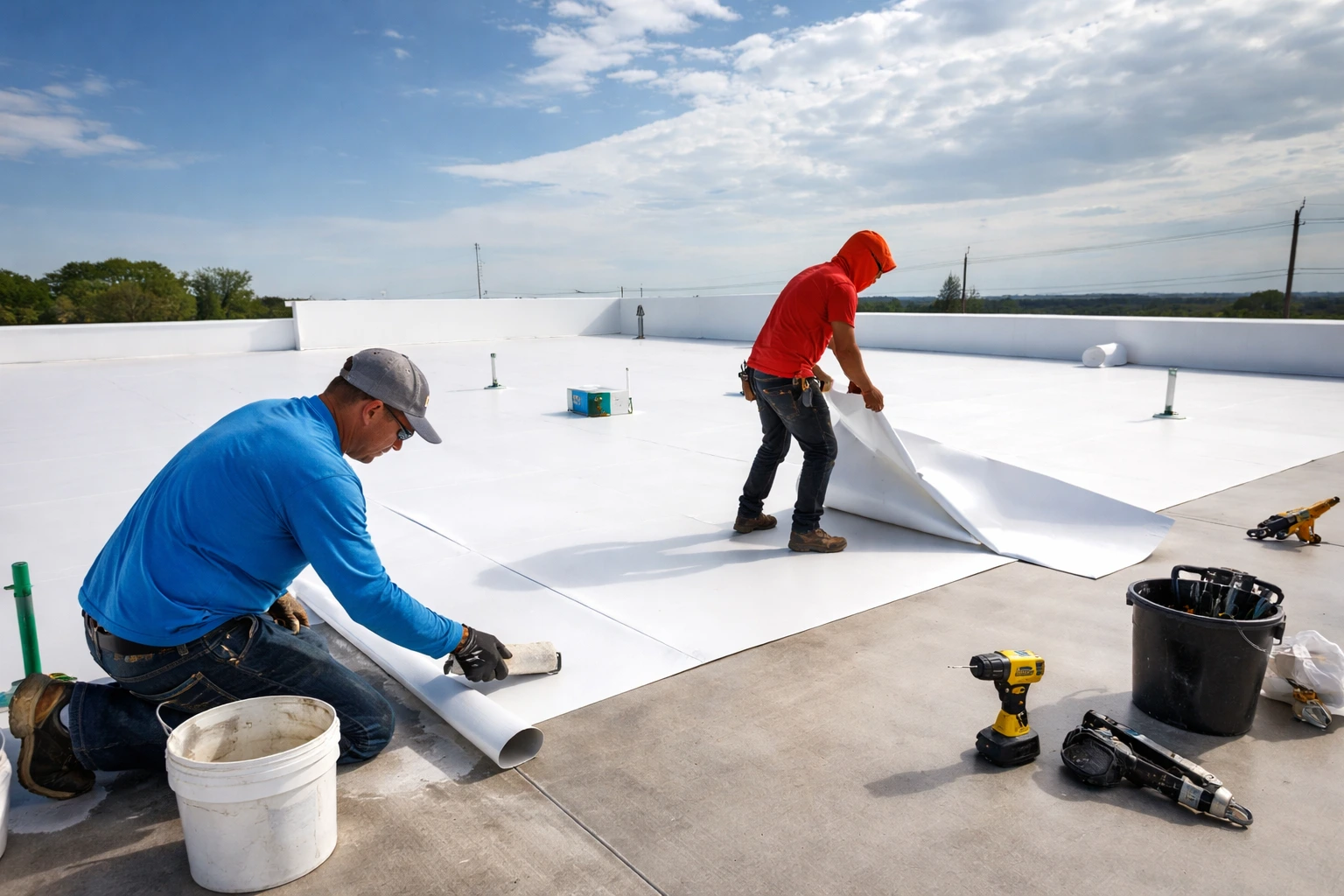 Commercial flat roof installation in Coppell, Dallas County, TX with TPO membrane and professional roofing crew