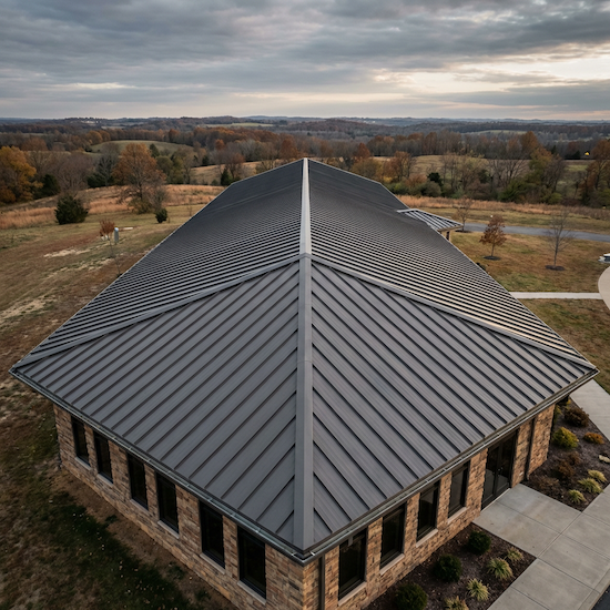 Aerial view of a dark standing seam metal roof on a commercial stone building in Dallas, TX