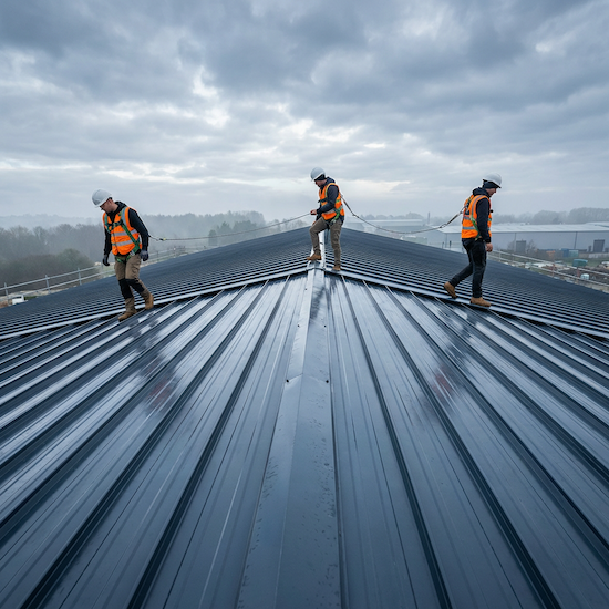 Roofing crew with safety harnesses walking on a standing seam commercial metal roof in Lake Highlands, Dallas County, TX