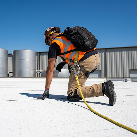 Commercial roofing contractor performing a roof inspection on a flat roof in Dallas, Texas