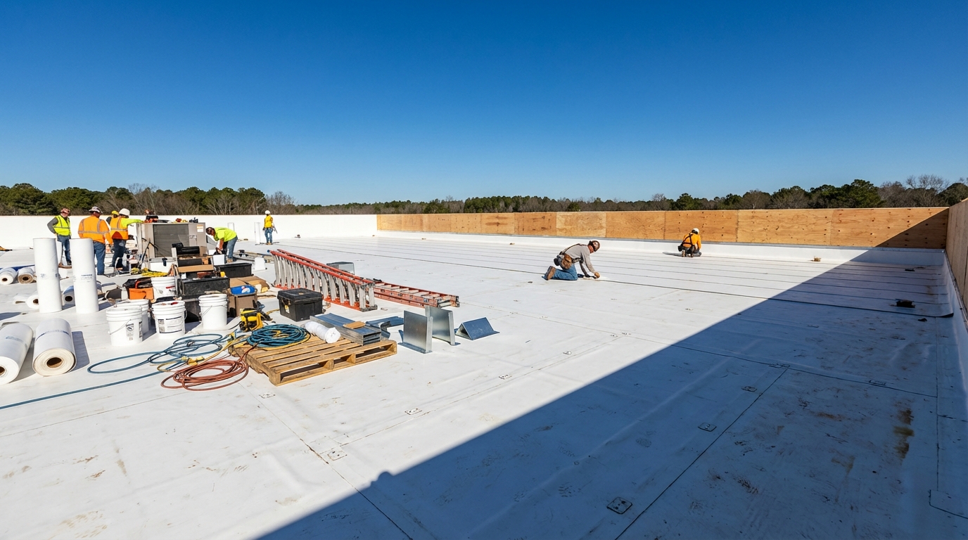 Flat commercial roof installation in Preston Hollow with contractors securing membrane panels and flashing