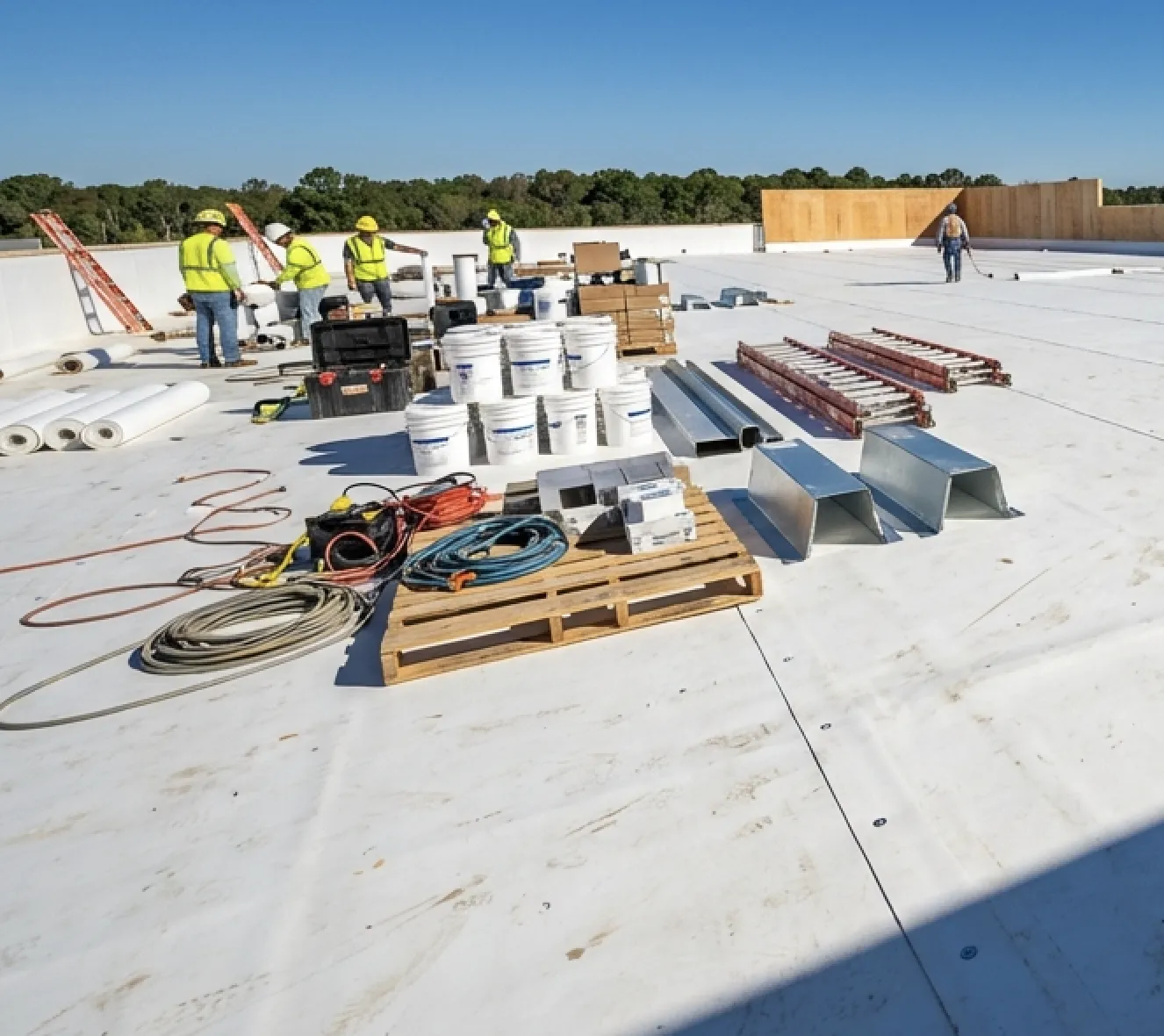 TPO Flat commercial roof installation showing organized supplies area during TPO replacement in Preston Hollow