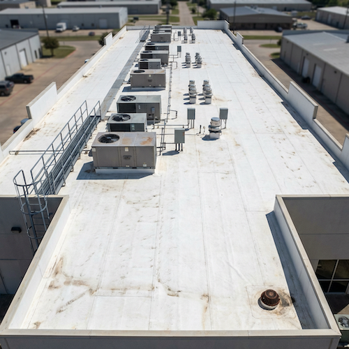 Aerial view of a commercial TPO flat roof with HVAC units in Dallas, Texas