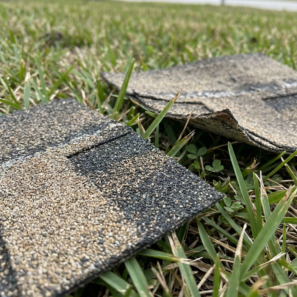 Damaged roofing shingles on the ground, indicating a need for roof repair in Carrollton, Dallas County, TX