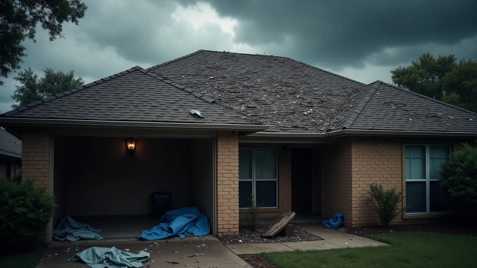 Storm-damaged residential roof with hail damage and missing shingles requiring emergency repair in Dallas, Texas