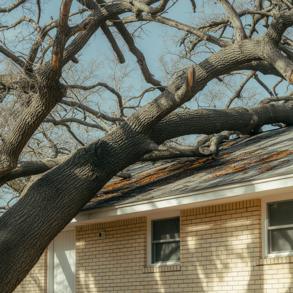 Large fallen tree causing significant roof damage on a home in Preston Hollow requiring emergency roof repair
