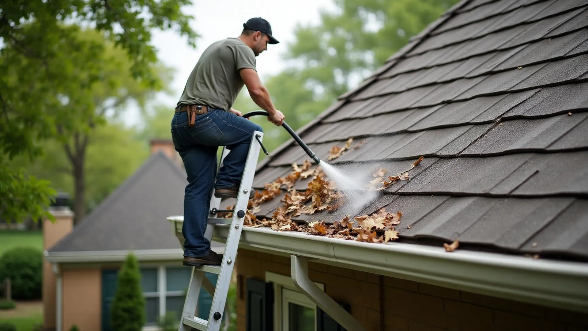 Professional gutter cleaning service in Dallas removing leaves and debris