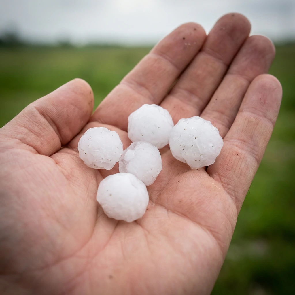 Large hailstones held in a hand after a severe hailstorm in Addison, Dallas County, TX