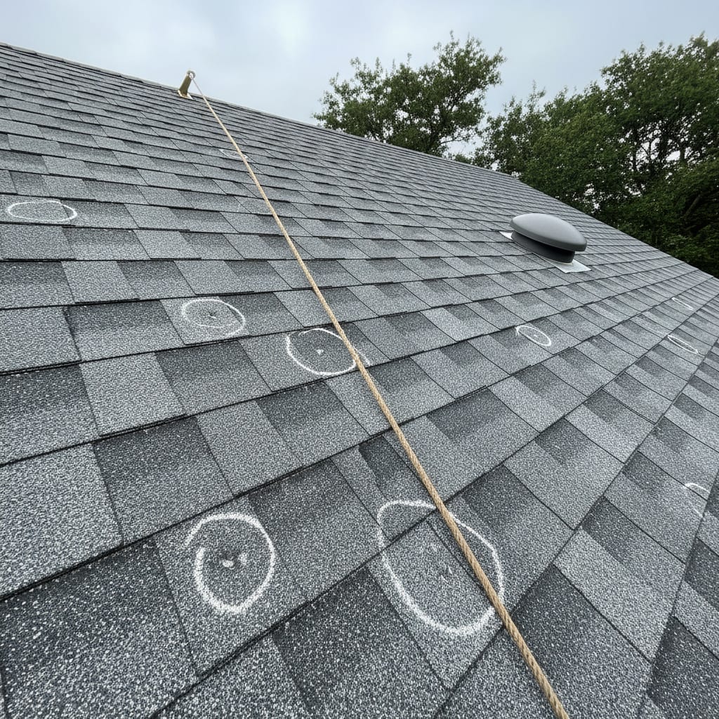 Hail damage assessment on shingle roof with chalk-circled impact marks and test square line in Preston Hollow Dallas TX