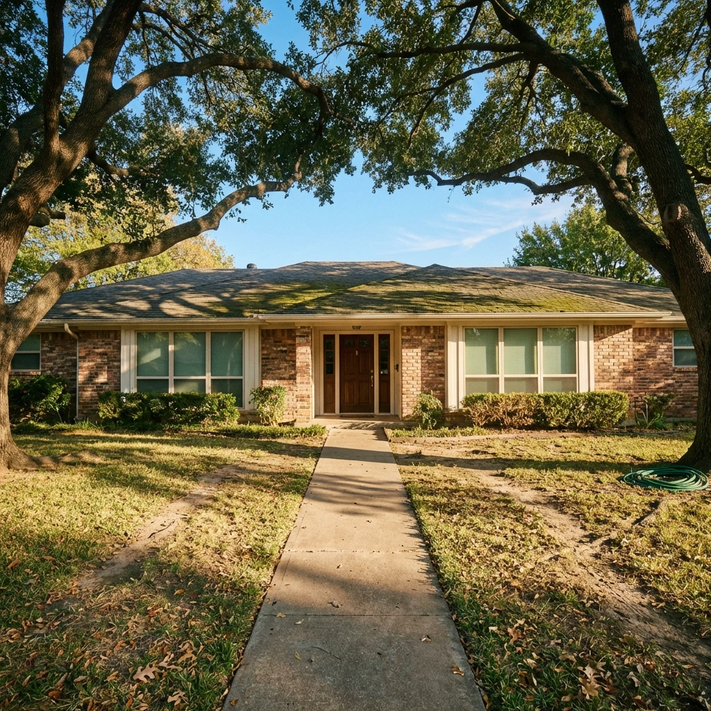 Ranch-style brick home with aging moss-covered shingle roof under mature oak trees in a Richardson, TX neighborhood