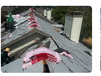 Multi-unit residential roofing installation in progress in Dallas-Fort Worth area, showing professional roofers installing underlayment and roofing materials on townhouse complex