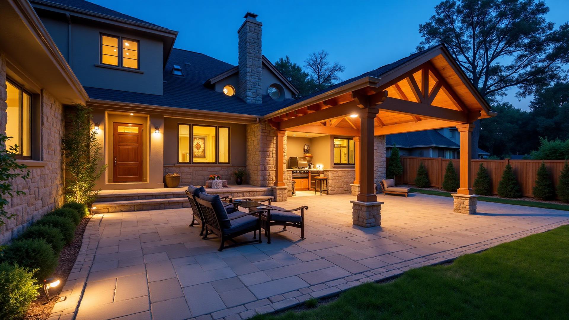 Beautiful patio construction project in Dallas with stone pavers and pergola