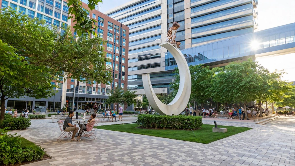 Public park sculpture and modern buildings in Richardson, Texas representing the innovative CityLine community served by Under One Roof roofing services