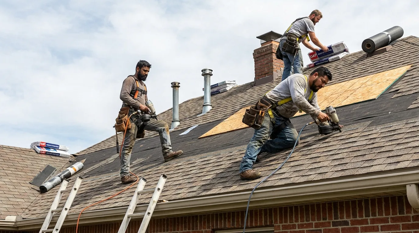 Professional roofers performing a residential roof replacement on a Preston Hollow home using GAF-certified materials