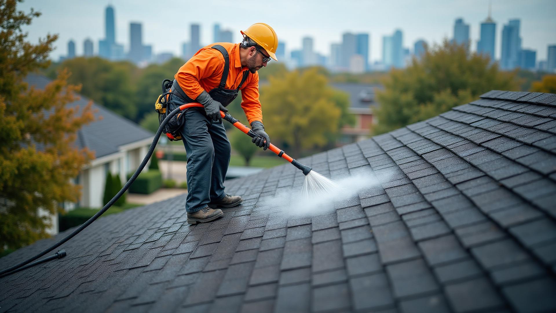 Professional roof cleaning service in Dallas removing algae and stains