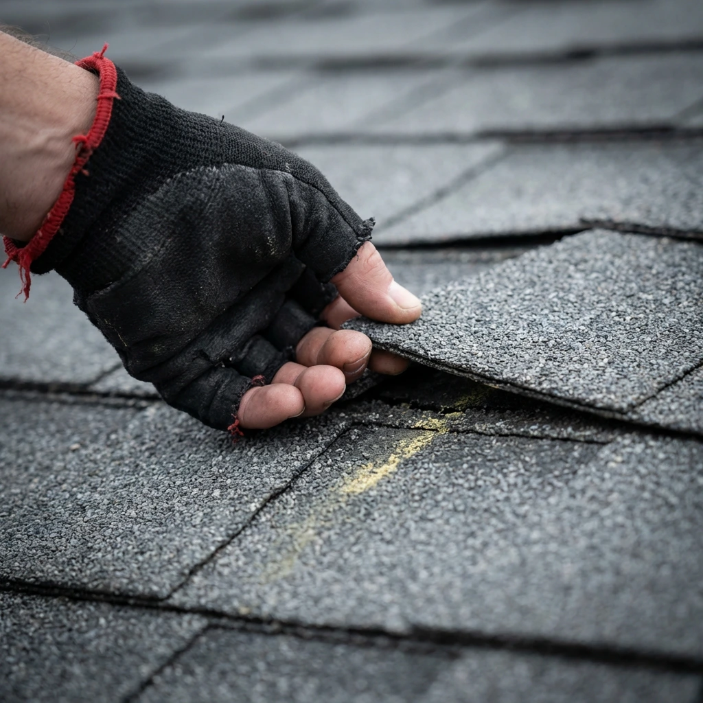 Gloved hand inspecting roof shingles in Carrollton, TX, by Under One Roof.