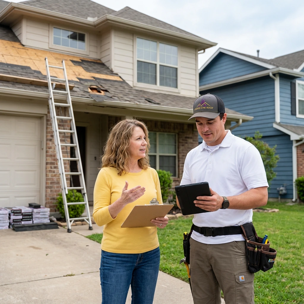 Under One Roof contractor reviewing roof inspection report with homeowner in front of damaged roof in Carrollton TX