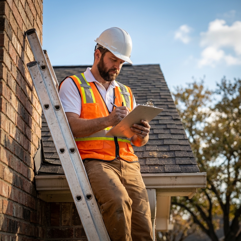 Roofing inspector in safety vest writing on clipboard on ladder next to brick home in Farmers Branch TX