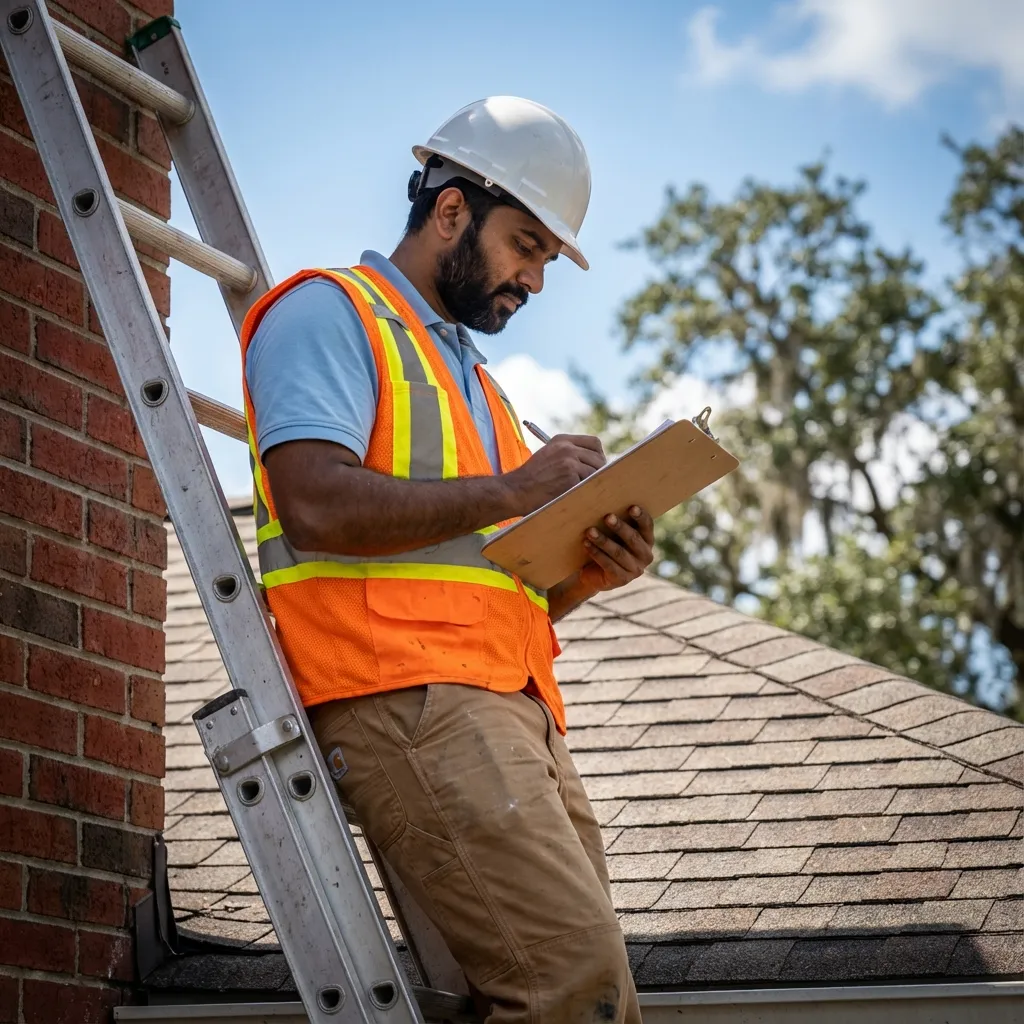 Insurance claim roof inspection in Lakewood as a roofing specialist records storm damage findings on a residential home
