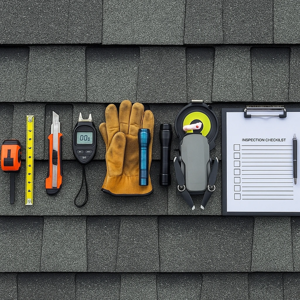 Roof inspection tools laid out on shingle roof including tape measure, moisture meter, gloves, flashlight, drone, and inspection checklist in Farmers Branch TX