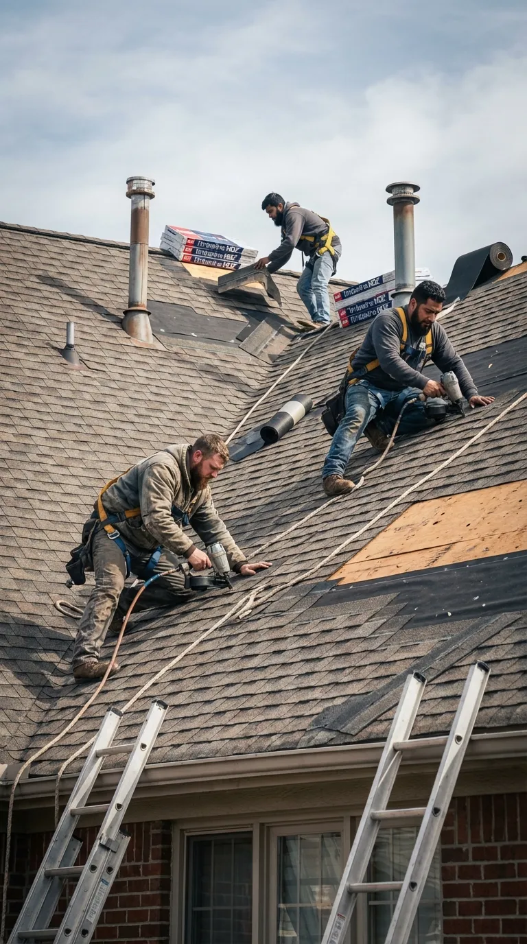 Residential roof replacement in Farmers Branch TX with contractors fastening shingles and underlayment