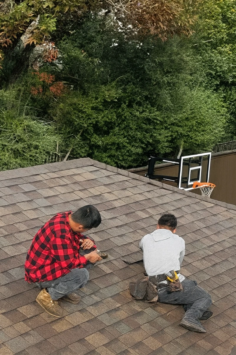 2 techs from Under One Roof on a roof in Preston Hollow in Dallas repairing a leaky roof after some storms