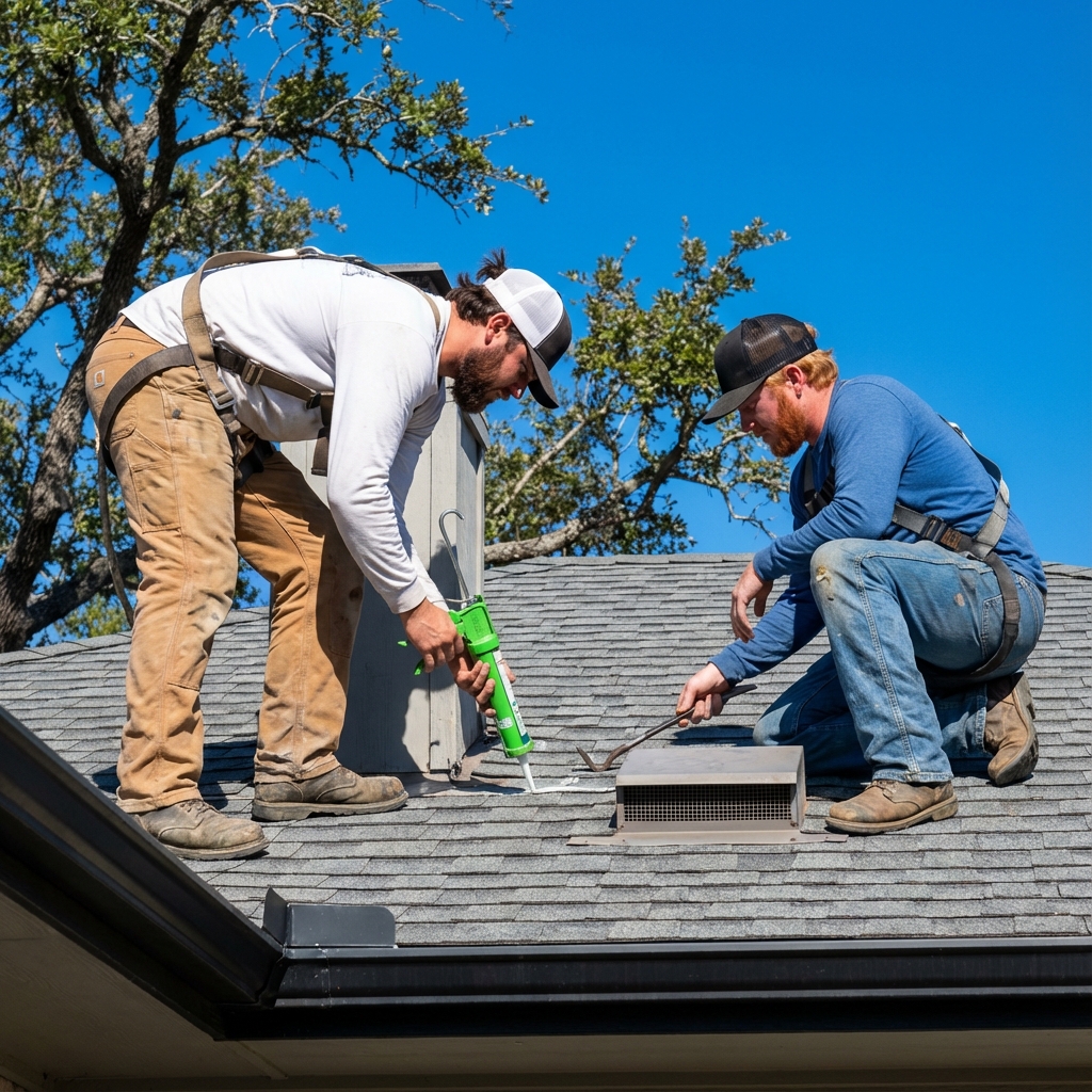 Roofing contractors performing shingle roof repair and sealing flashing around a vent on a home in Preston Hollow Dallas