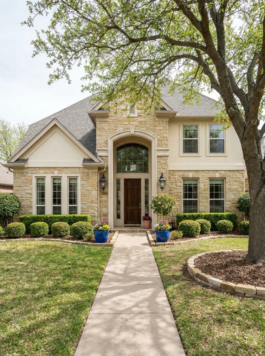 Home with a new roof replacement in Carrollton, Dallas County, TX.