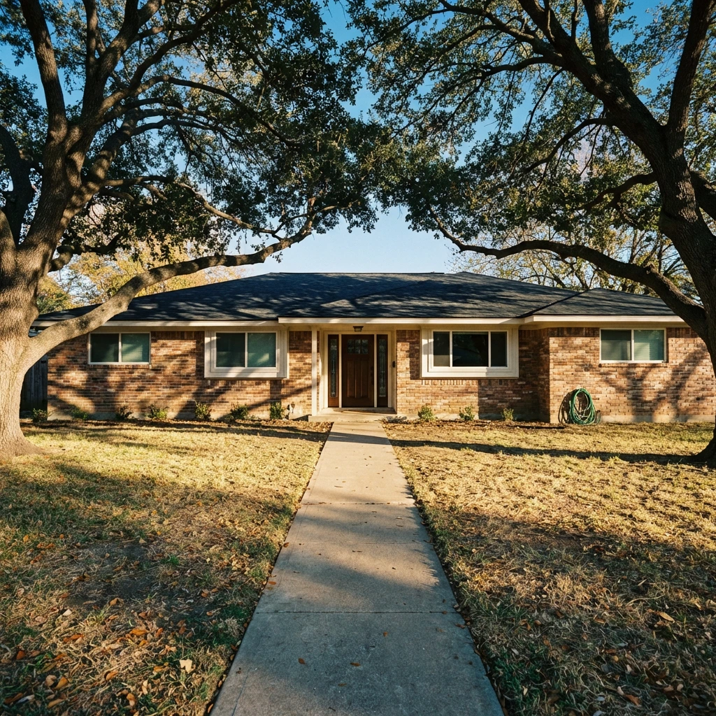 Single-story brick ranch home with new dark shingle roof under mature oak trees in Richardson, TX