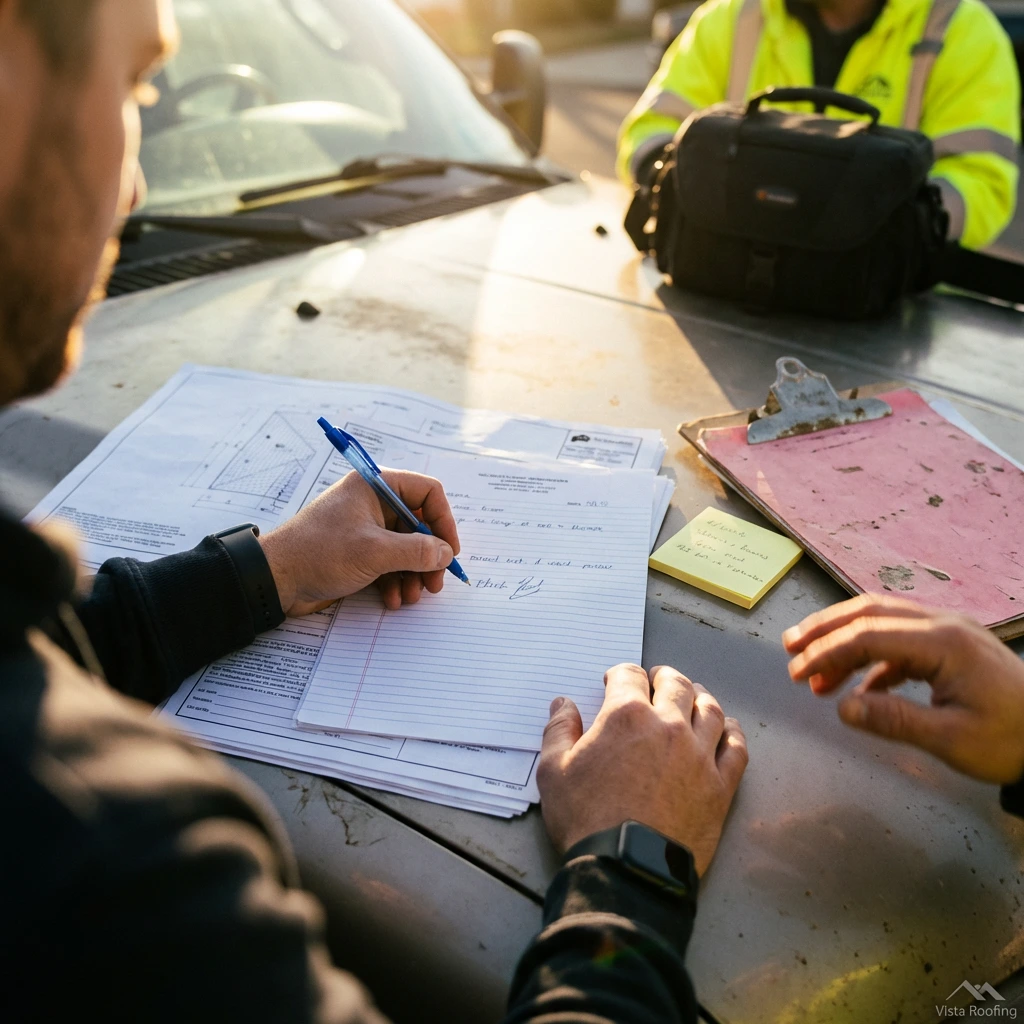 Roofing contractor reviewing permit paperwork and roof plans on a job site in Addison, TX