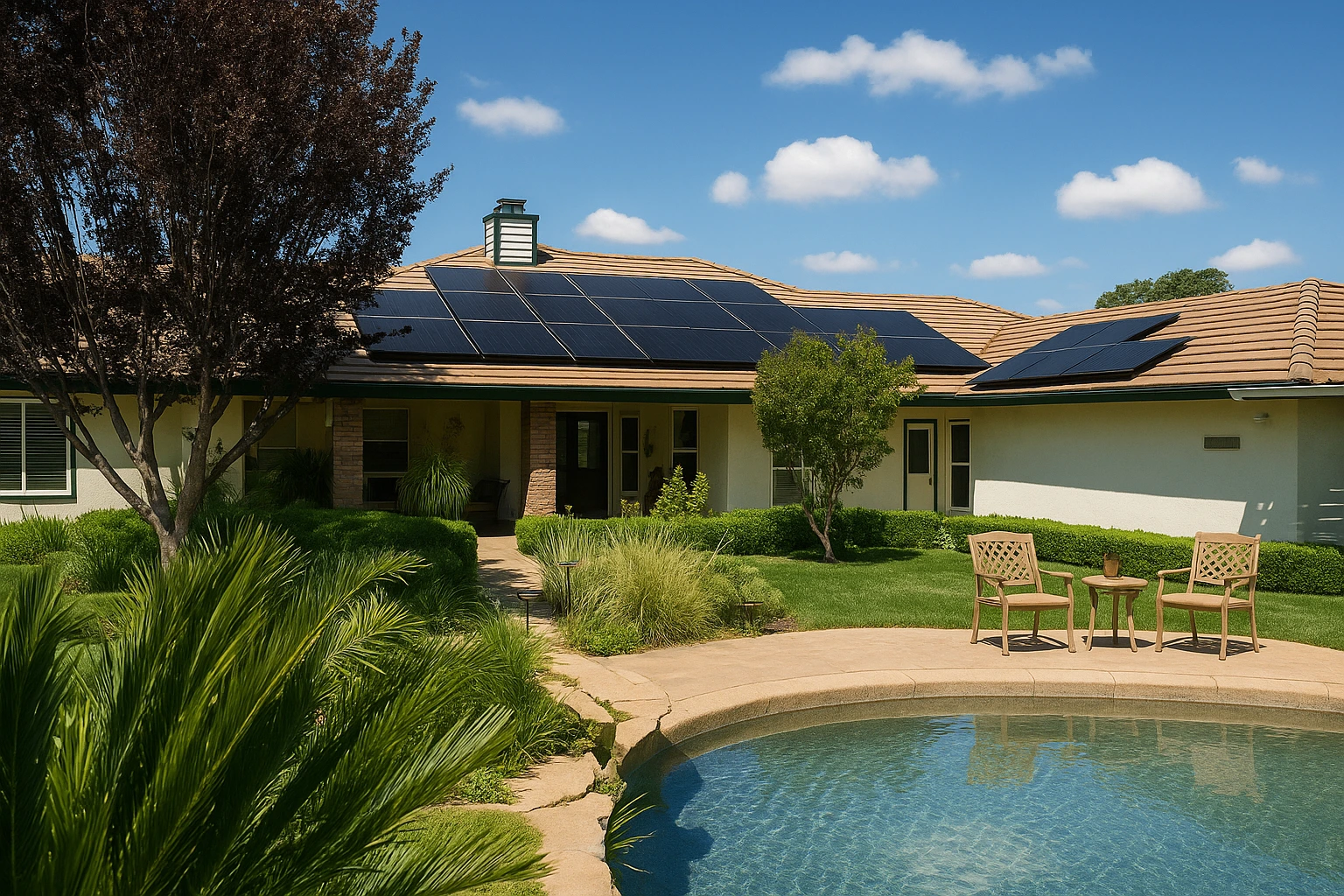 Private residence with rooftop solar panels, lush landscaping, and a poolside patio in Preston Hollow, by Under One Roof