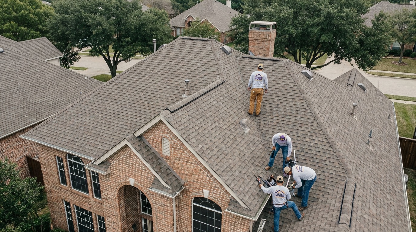 Roofers performing storm and wind damage roof repair on a residential home in Carrollton, TX by Under One Roof