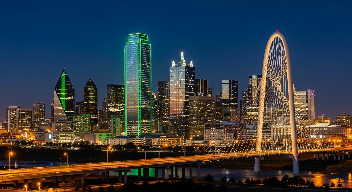 Twilight Dallas, TX skyline with illuminated buildings and Margaret Hunt Hill Bridge over the Trinity River