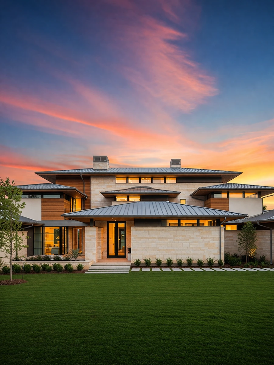 Modern home with a new metal roof at sunset in Preston Hollow, Dallas County, TX.