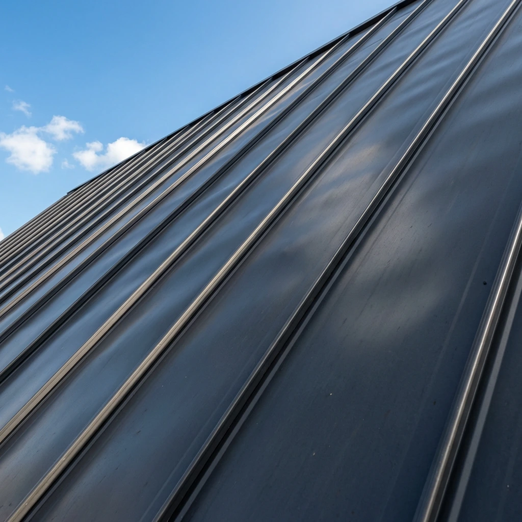 Dark gray metal roofing contractor installation on a building in Farmers Branch, Dallas County, TX. showing oil canning.