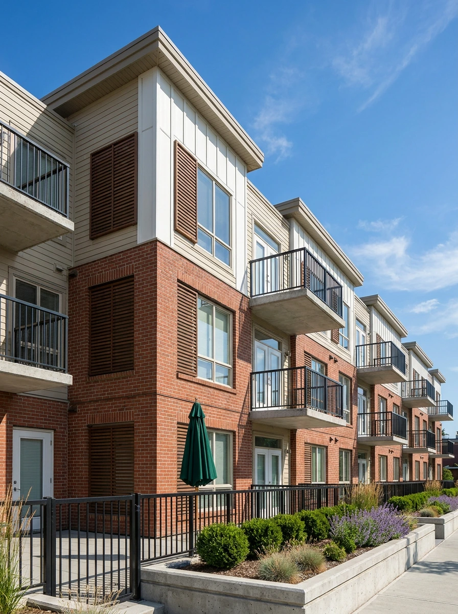 Three-story multi-family apartment building with new roof replacement, brick and siding exterior, and balconies in Carrollton, TX.