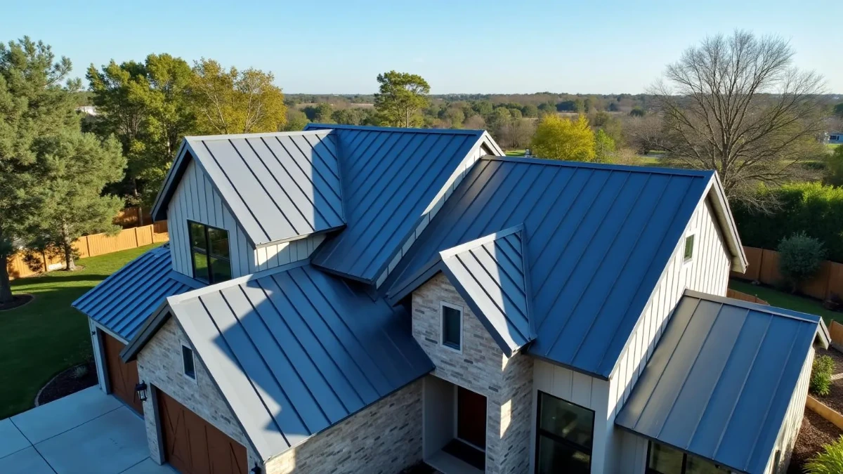 Residential metal roof installation on a modern home in Lewisville, Denton County, TX. Under One Roof