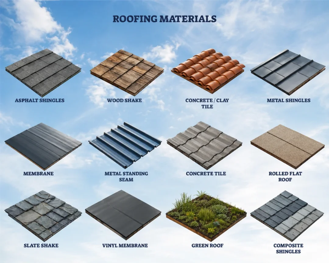 Various roofing material options, including shingles and tiles, for homes in Carrollton, Dallas County, TX.