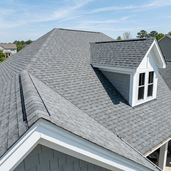 New asphalt shingle roof installation with dormer window on a residential home in Plano, Collin County, TX