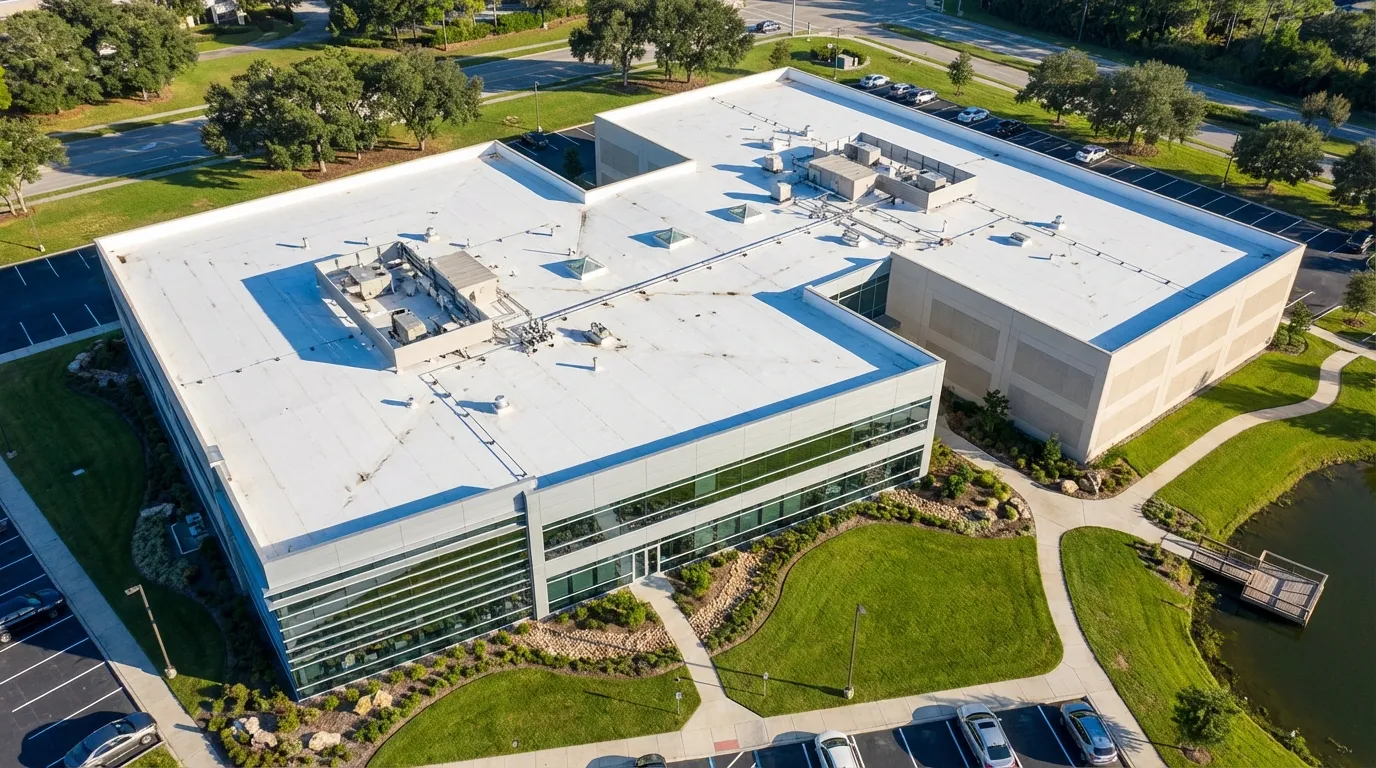 Commercial flat roof system on office building in Carrollton, TX featuring white reflective TPO membrane and rooftop HVAC units