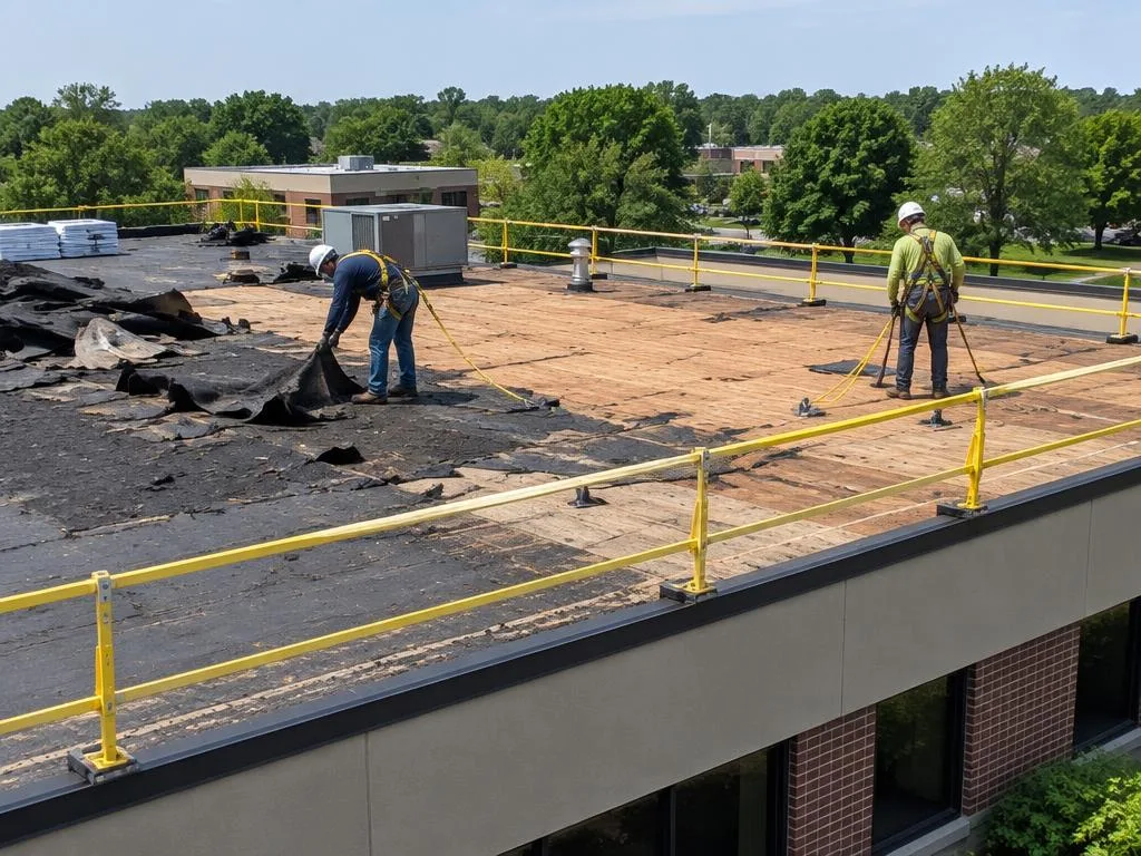 Commercial roof replacement in progress on a Carrollton building
