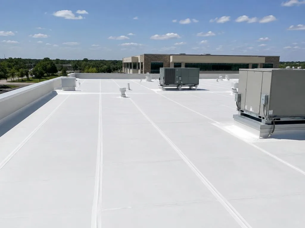 Heat-welded white TPO roof on a Farmers Branch office building
