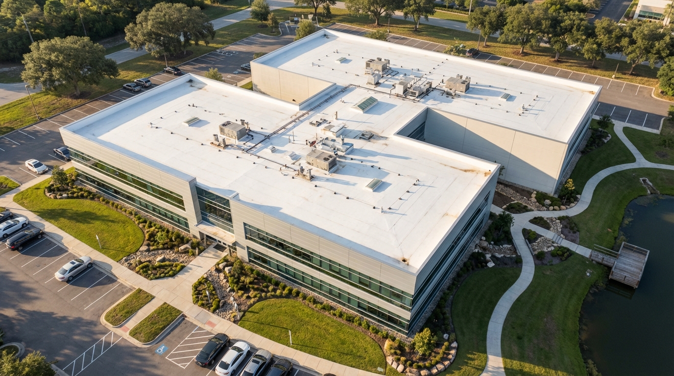 Completed TPO roofing system on commercial building in Coppell, Dallas County, TX