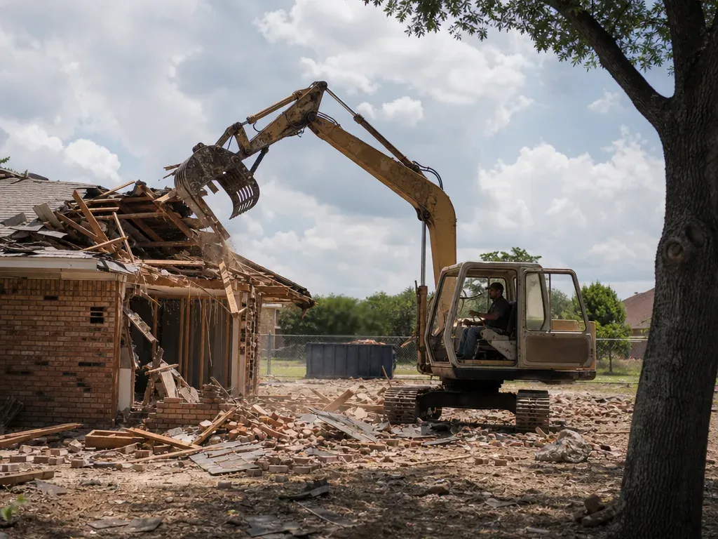 Building Demolition Farmers Branch: Excavator pulling down a brick house Excavator pulling down the frame of a brick house during a full teardown