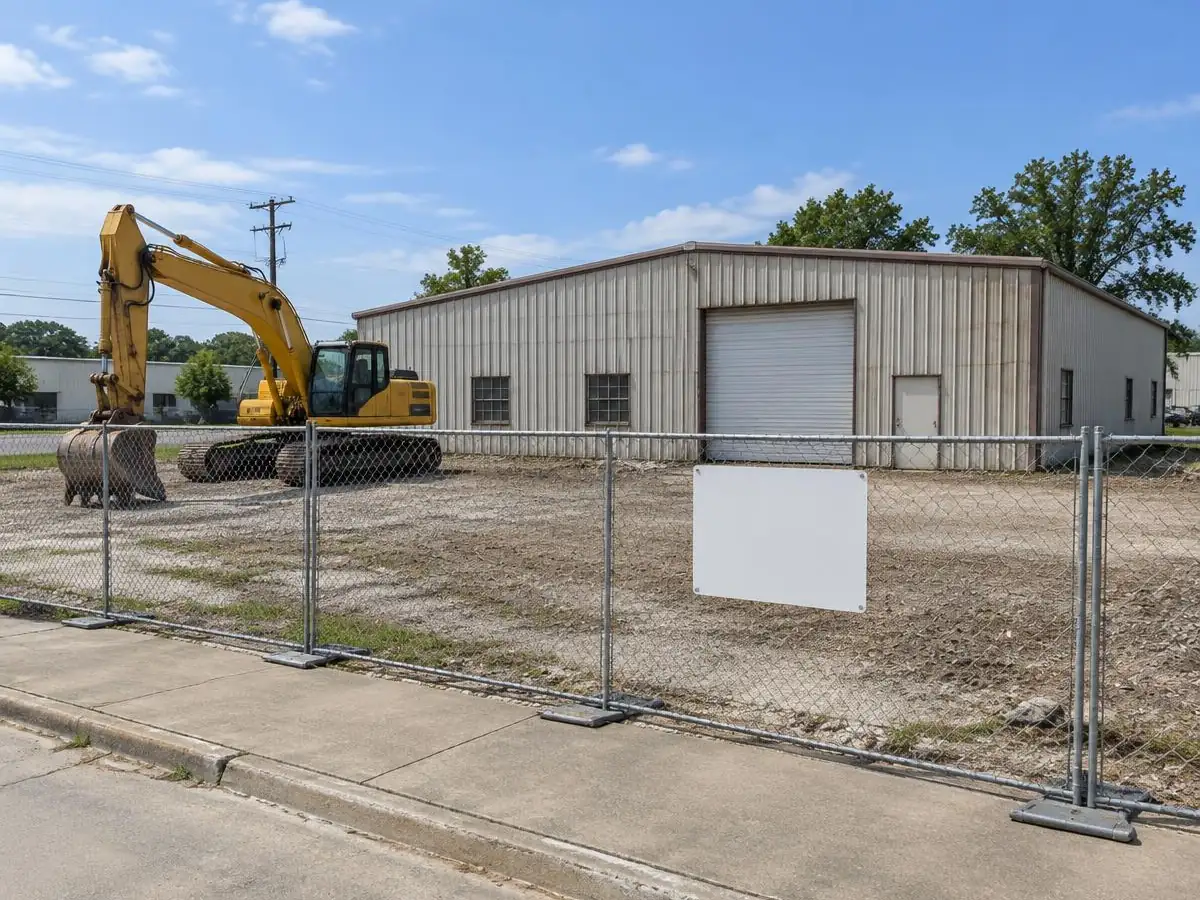 Building Demolition Farmers Branch: Fenced metal shop before teardown Old metal shop building behind construction fencing, waiting on a demolition permit in Farmers Branch