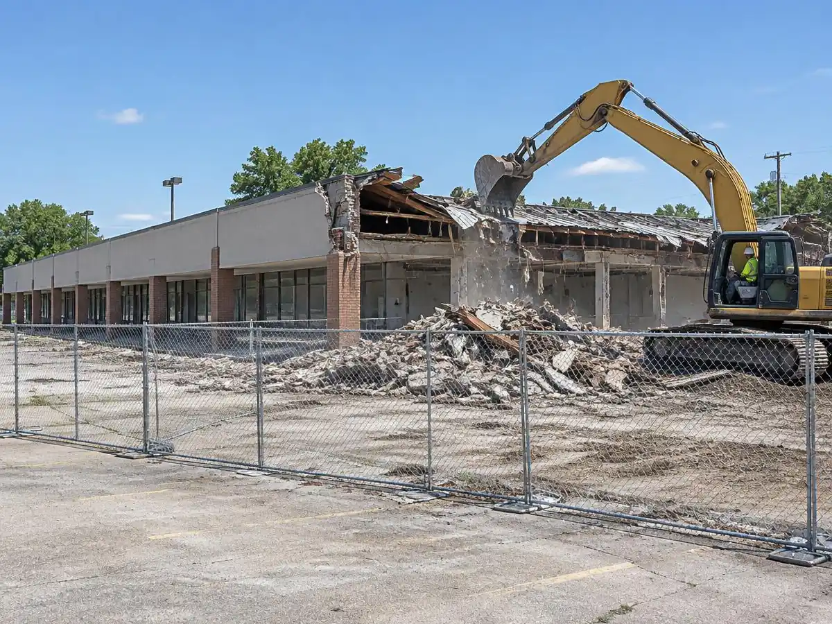 Commercial Demolition Farmers Branch: Empty strip retail building teardown Excavator starting the teardown of an empty strip retail building in Farmers Branch