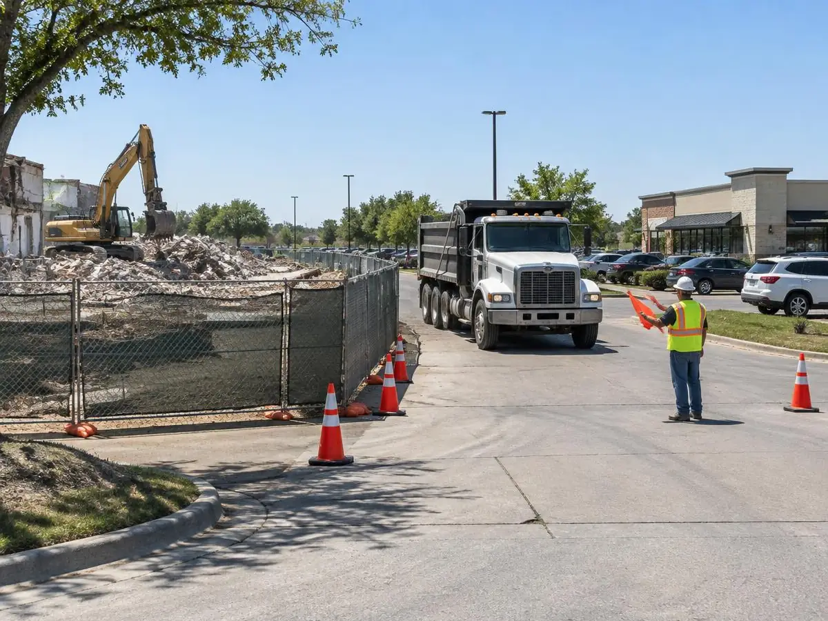 Commercial Demolition Farmers Branch: Fenced work zone and dump truck Fenced demolition work zone and a flagger guiding a dump truck in a shared parking lot in Farmers Branch