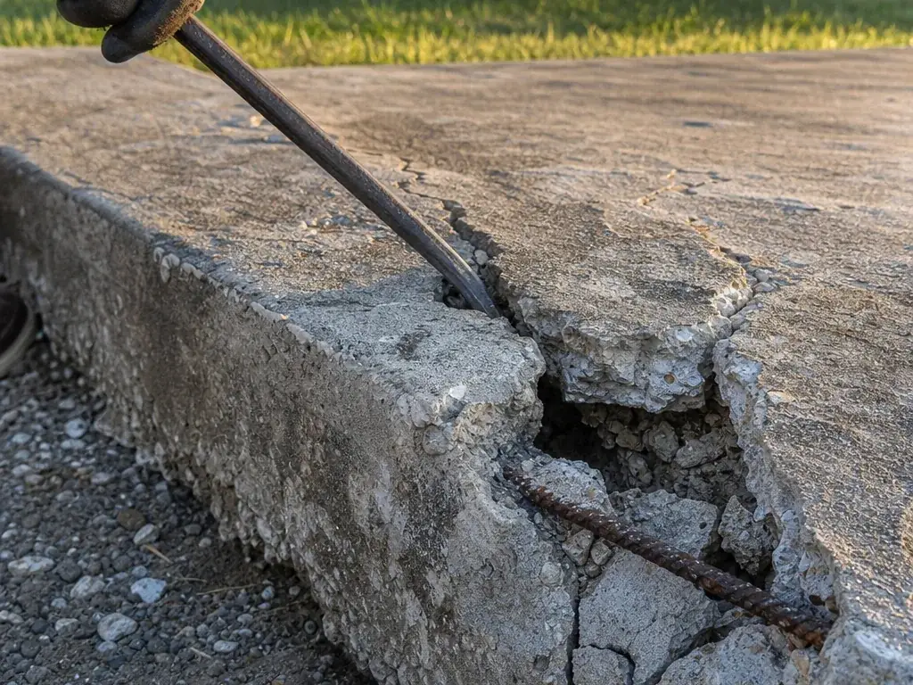 Concrete Removal Farmers Branch: Cracked concrete slab with exposed rebar before removal Cracked concrete slab with exposed rebar before removal