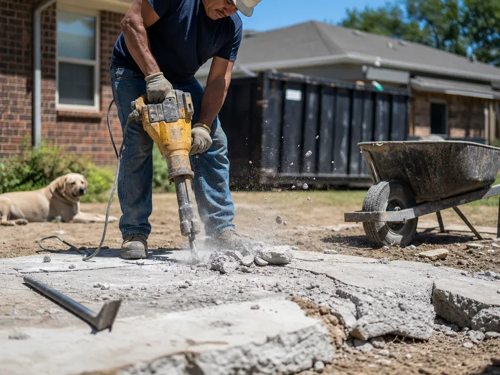 Worker in a hard hat breaking up an old concrete slab with a jackhammer