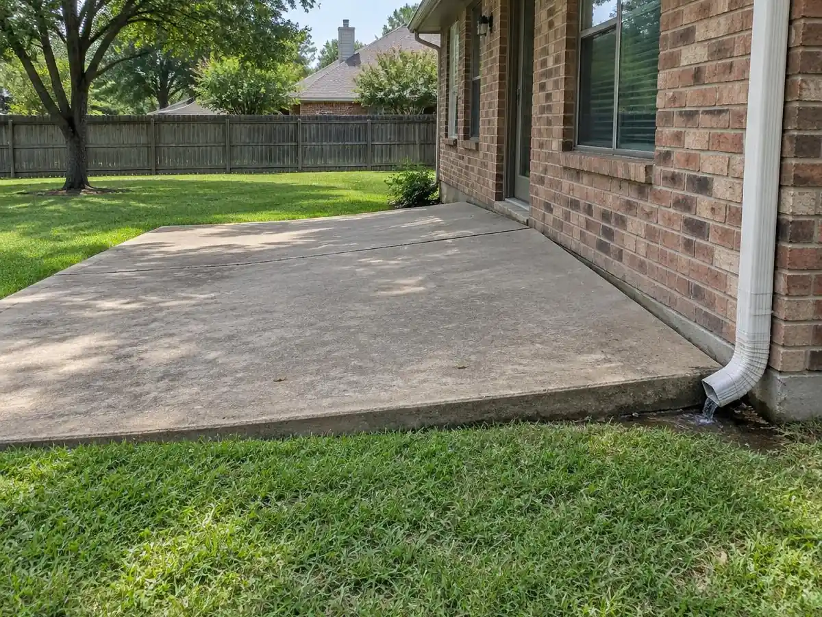 Concrete Removal Farmers Branch: Tilted backyard patio Tilted backyard patio with a downspout draining at its edge beside a brick house in Farmers Branch